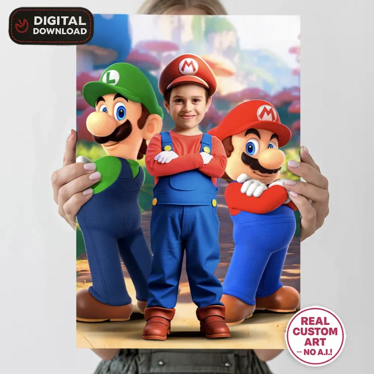 Super Mario–Inspired Portrait for Kids – Personalized Video Game Hero Art – Ready in 24h – Digital Download