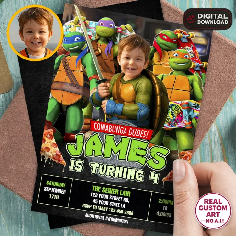 Ninja Turtles Birthday Invitation with Photo – Personalized Ninja Turtles Leonardo (24h Delivery) – Digital Download