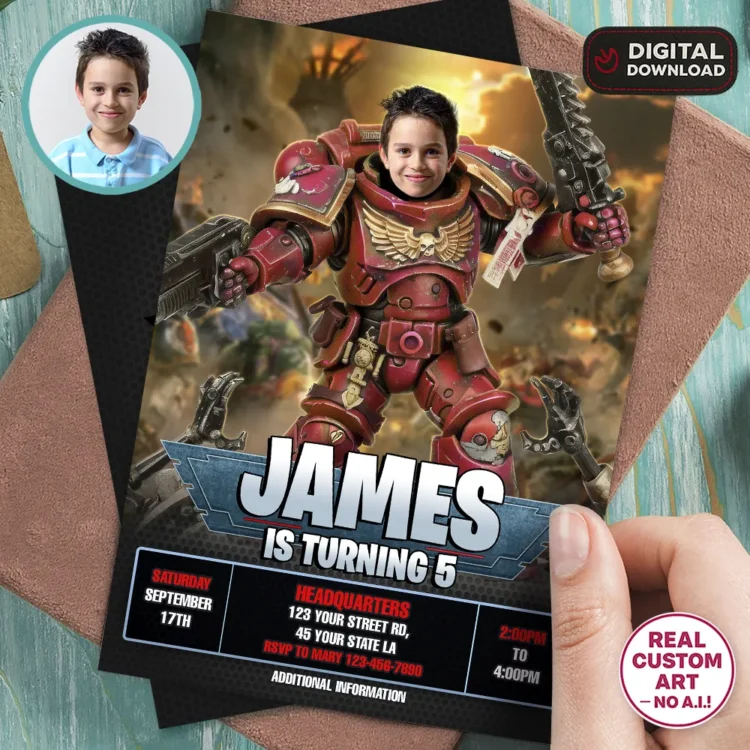 Blood Angels Warhammer 40K Invitation with Photo – Personalized Space Marine Birthday Card (24h Delivery) – Digital Download
