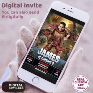 Blood Angels Warhammer 40K Invitation with Photo – Personalized Space Marine Birthday Card (24h Delivery) – Digital Download