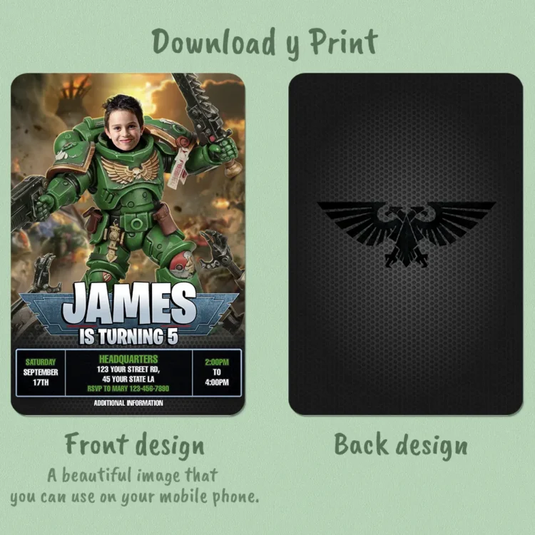 Dark Angels Warhammer 40K Invitation with Photo – Personalized Space Marine Birthday Card (24h Delivery) – Digital Download