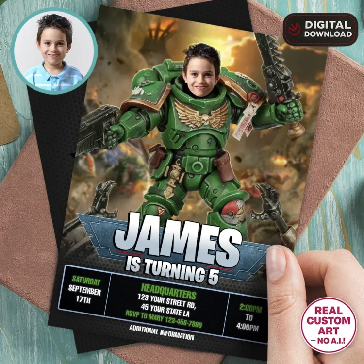 💚 Dark Angels Warhammer 40K Invitation with Photo – Personalized Space Marine Birthday Card (24h Delivery) – Digital Download