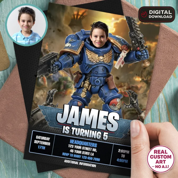 Ultramarine Warhammer 40K Invitation with Photo – Personalized Space Marine Birthday Card (24h Delivery) – Digital Download