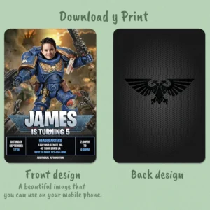 Ultramarine Warhammer 40K Invitation with Photo – Personalized Space Marine Birthday Card (24h Delivery) – Digital Download