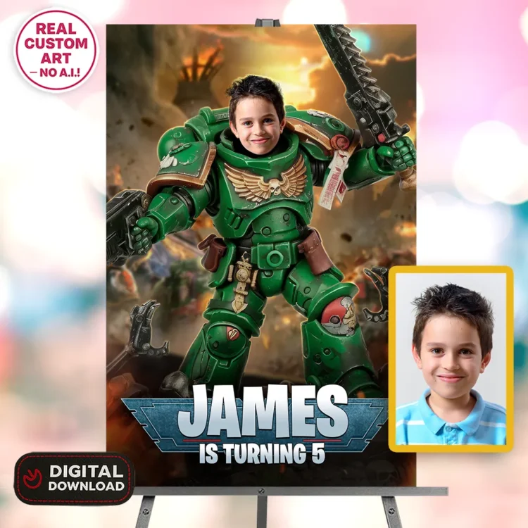 Dark Angels Warhammer 40K Birthday Photo Welcome Sign – Personalized Space Marine Poster (24h Delivery) – Digital Download