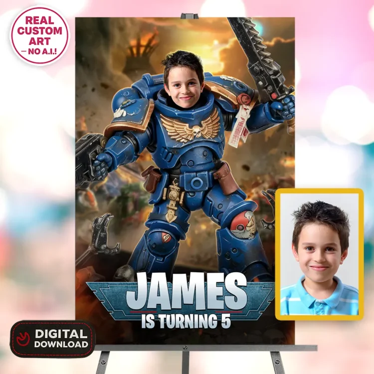 Ultramarines Warhammer 40K Birthday Photo Welcome Sign – Personalized Space Marine Poster (24h Delivery) – Digital Download