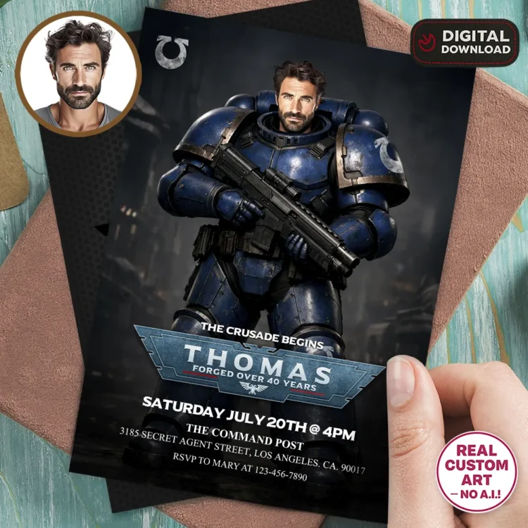 Ultramarine Photo Invitation – Personalized Warhammer 40K Birthday Invite For Adults (24h Delivery) – Digital Download