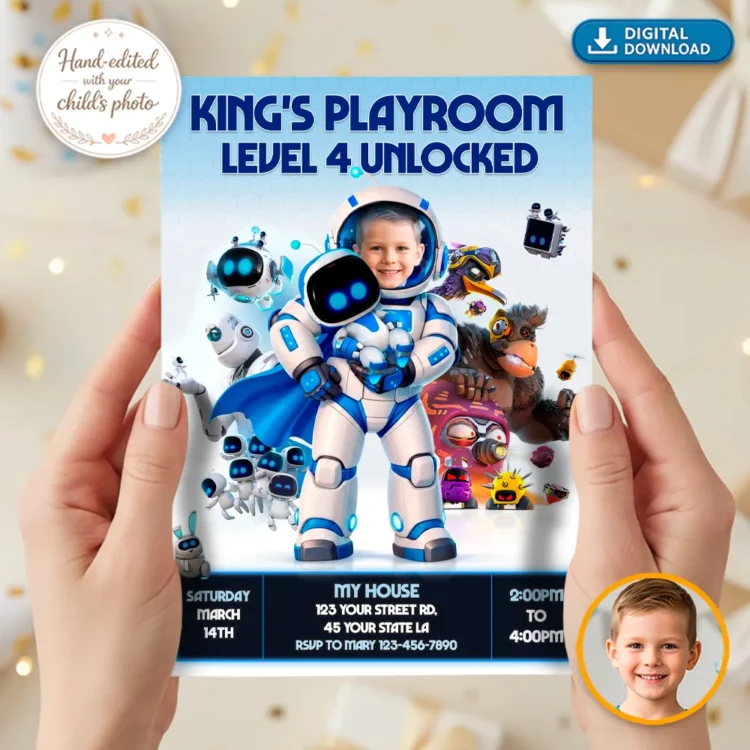 Astro Bot Birthday Invitation – Personalized Space Robot Edition (24h Delivery) – Digital Download