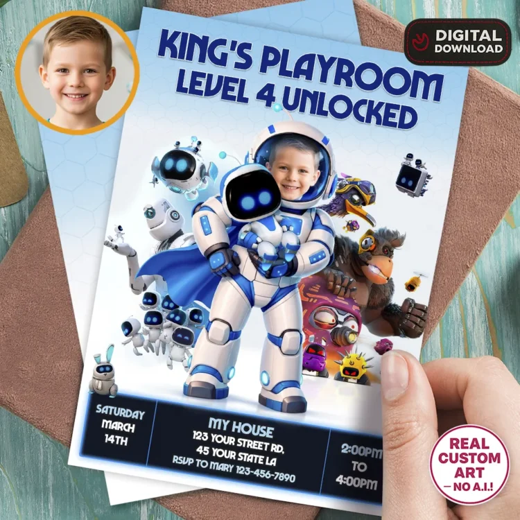 Astro Bot Birthday Invitation – Personalized Space Robot Edition (24h Delivery) – Digital Download