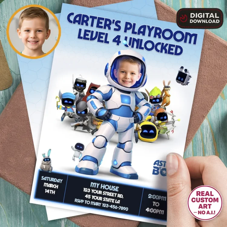 Astro Bot Party Invitation – Personalized Space Robot Birthday Invitation (24h Delivery) – Digital Download