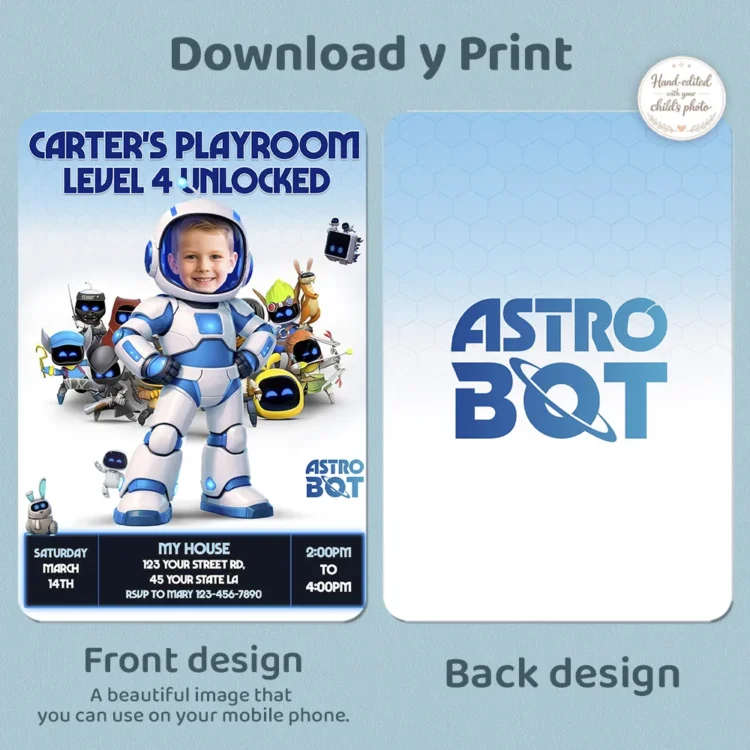 Astro Bot Party Invitation – Personalized Space Robot Birthday Invitation (24h Delivery) – Digital Download