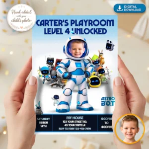 Astro Bot Party Invitation – Personalized Space Robot Birthday Invitation (24h Delivery) – Digital Download