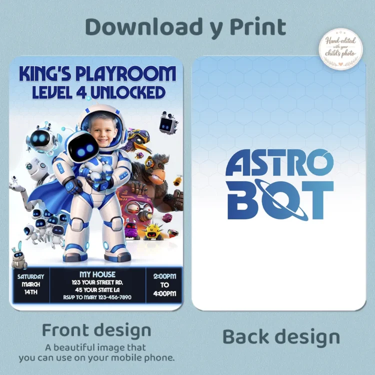 Astro Bot Birthday Invitation – Personalized Space Robot Edition (24h Delivery) – Digital Download