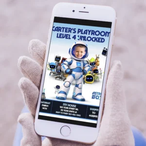 Astro Bot Party Invitation – Personalized Space Robot Birthday Invitation (24h Delivery) – Digital Download