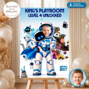 Astro Bot Welcome Sign – Personalized Space Robot Party Decorations (24h Delivery) – Digital Download