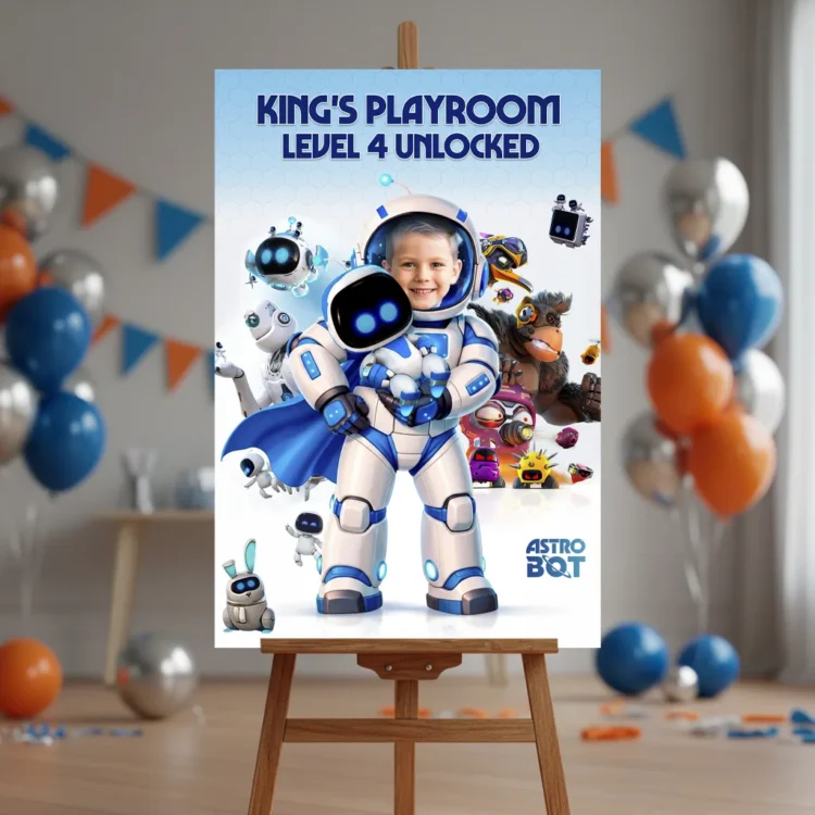 Astro Bot Welcome Sign – Personalized Space Robot Party Decorations (24h Delivery) – Digital Download