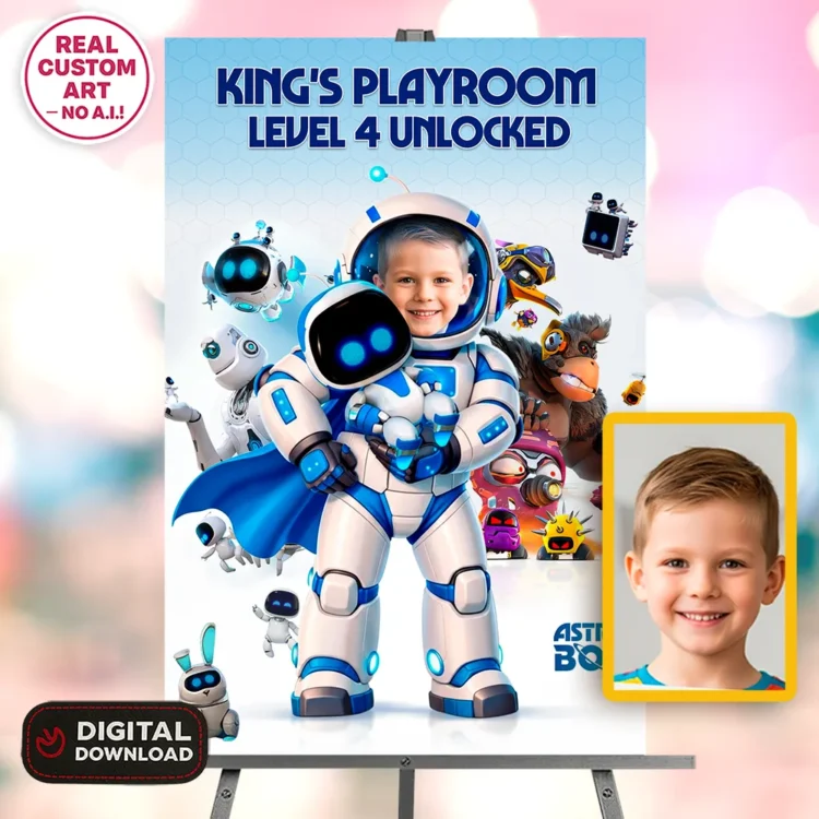 Astro Bot Welcome Sign – Personalized Space Robot Party Decorations (24h Delivery) – Digital Download