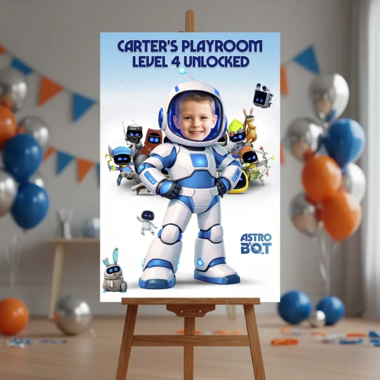 Custom Astro Bot Welcome Sign – Personalized Space Robot Party Decorations (24h Delivery) – Digital Download