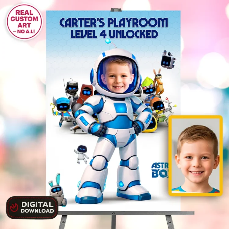 Custom Astro Bot Welcome Sign – Personalized Space Robot Party Decorations (24h Delivery) – Digital Download
