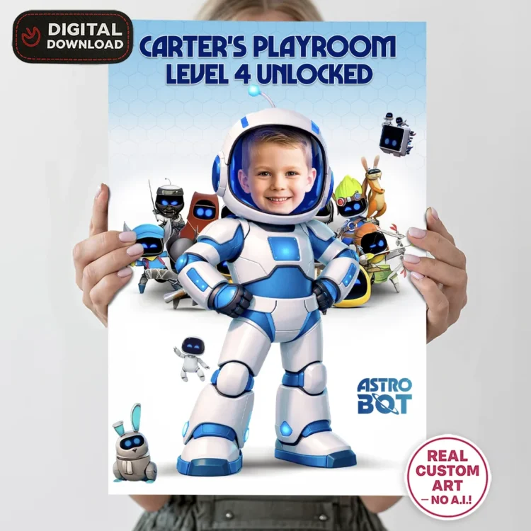 Custom Astro Bot Welcome Sign – Personalized Space Robot Party Decorations (24h Delivery) – Digital Download