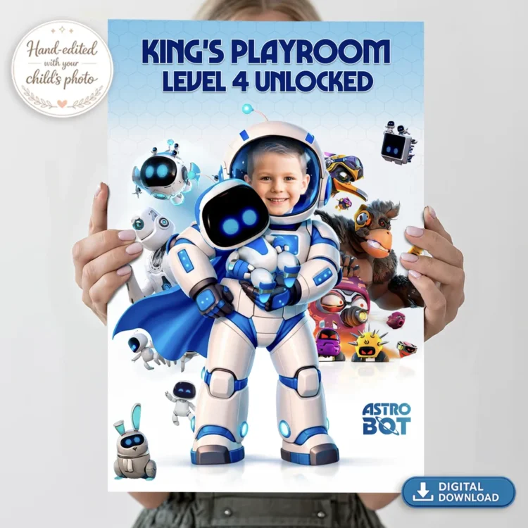 Astro Bot Welcome Sign – Personalized Space Robot Party Decorations (24h Delivery) – Digital Download