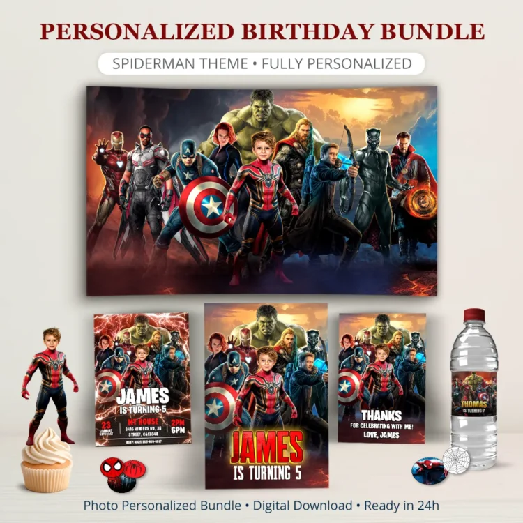 Spiderman & Avengers Birthday Bundle – Personalized Superhero Party Pack with Photo – Digital Download – Ready in 24h
