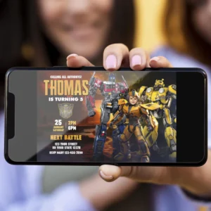 Bumblebee Birthday Invitation — hand-edited 5×7 digital card delivered in 24h. Turn your child into an Autobot hero in a cinematic, action-filled design.