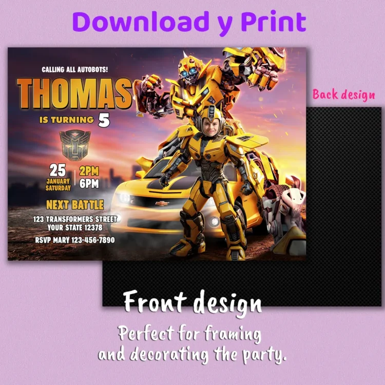personalized-Bumblebee-photo-invitation-and-party-deco-transformers-kids-birthday-Bumblebee-photo-card-transformers-3 Bumblebee Birthday Photo Invitation — hand-edited 5×7 digital card delivered in 24h. Turn your child into an Autobot hero in a cinematic, action-filled design.