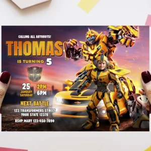 personalized-Bumblebee-photo-invitation-and-party-deco-transformers-kids-birthday-Bumblebee-photo-card-transformers-4 Bumblebee Birthday Photo Invitation — hand-edited 5×7 digital card delivered in 24h. Turn your child into an Autobot hero in a cinematic, action-filled design.