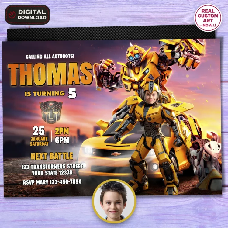 personalized-Bumblebee-photo-invitation-and-party-deco-transformers-kids-birthday-Bumblebee-photo-card-transformers-5 Bumblebee Birthday Photo Invitation — hand-edited 5×7 digital card delivered in 24h. Turn your child into an Autobot hero in a cinematic, action-filled design.