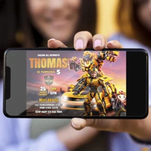 personalized-Bumblebee-photo-invitation-and-party-deco-transformers-kids-birthday-Bumblebee-photo-card-transformers-6 Bumblebee Birthday Photo Invitation — hand-edited 5×7 digital card delivered in 24h. Turn your child into an Autobot hero in a cinematic, action-filled design.