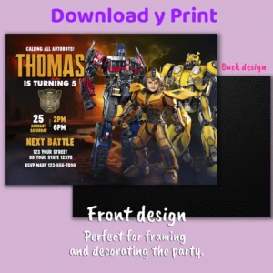 Bumblebee Birthday Invitation — hand-edited 5×7 digital card delivered in 24h. Turn your child into an Autobot hero in a cinematic, action-filled design.