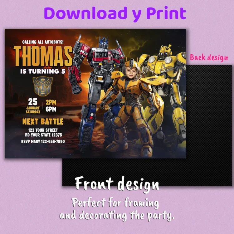 Bumblebee Birthday Invitation — hand-edited 5×7 digital card delivered in 24h. Turn your child into an Autobot hero in a cinematic, action-filled design.