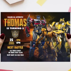 Bumblebee Birthday Invitation — hand-edited 5×7 digital card delivered in 24h. Turn your child into an Autobot hero in a cinematic, action-filled design.