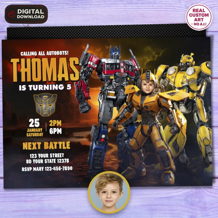 Bumblebee Birthday Invitation — hand-edited 5×7 digital card delivered in 24h. Turn your child into an Autobot hero in a cinematic, action-filled design.