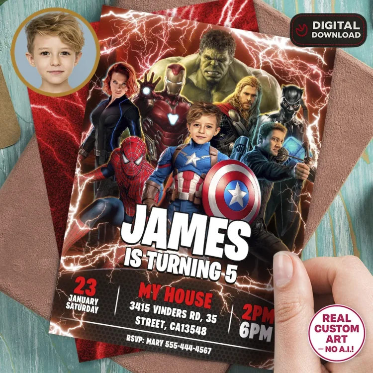 Captain America Invitation – Personalized Superhero Photo Invitation (24h Delivery) – Digital Download