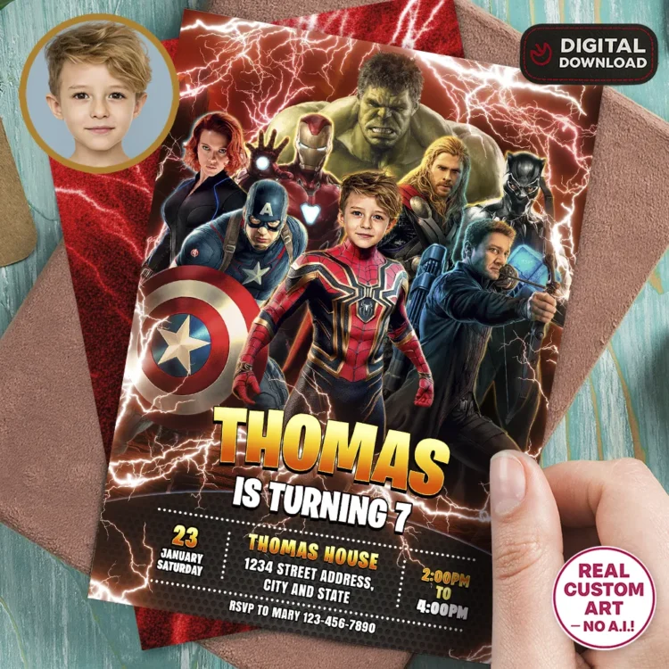 Spiderman Birthday Invitation – Personalized Avengers InvitationWith Photo (24h Delivery) – Digital Download