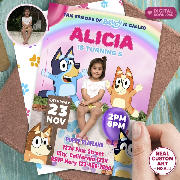 Custom Pink Bluey Birthday Invitation with Personalized Baby Girl Photo.