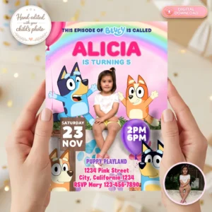 Custom Bluey Party Invitation – Personalized Bluey Birthday Invitation with Photo (24h Delivery) – Digital Download