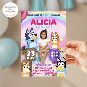 Custom Bluey Party Invitation – Personalized Bluey Birthday Invitation with Photo (24h Delivery) – Digital Download