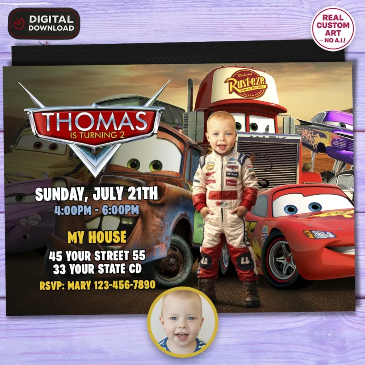 Custom Cars Party Invitation with Personalized Toddler Photo and Lightning McQueen.