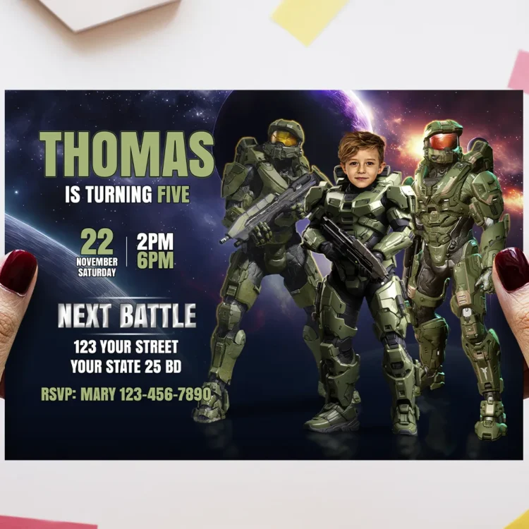 Halo Birthday Photo Invitation – Personalized Halo Party Invitation (24h Delivery) – Master Chief Invitation – Digital Download