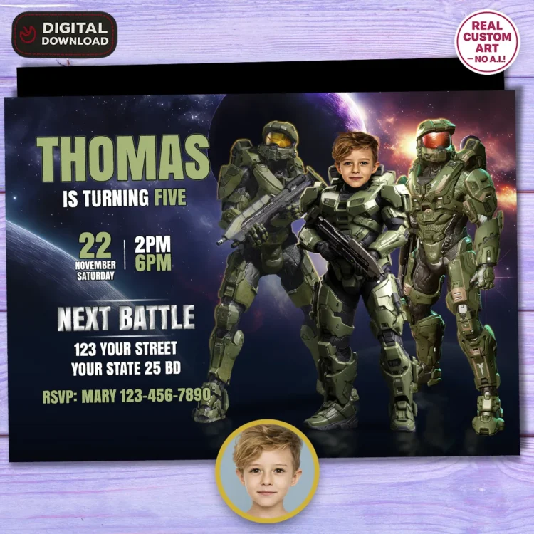 Halo Birthday Photo Invitation – Personalized Halo Party Invitation (24h Delivery) – Master Chief Invitation – Digital Download