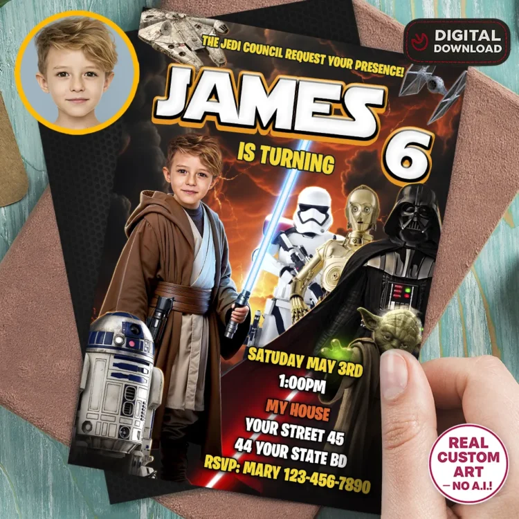 Star Wars Party Invitation with Photo – Personalized Jedi Birthday Invitation (24h Delivery) – Digital Download