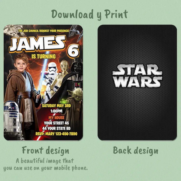 Star Wars Party Invitation with Photo – Personalized Jedi Birthday Invitation (24h Delivery) – Digital Download