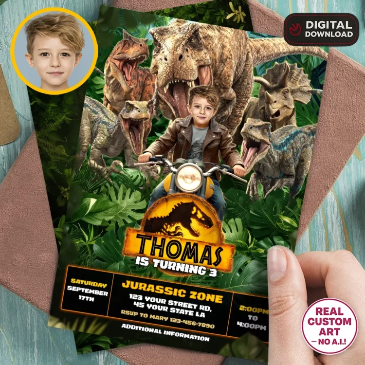Dinosaur Birthday Invitation – Personalized Jurassic Photo Invitation (24h Delivery) – Digital Download