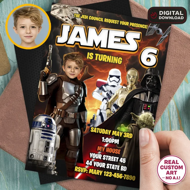 Mandalorian Birthday Invitation – Personalized Mandalorian Photo Invite (24h Delivery) – Digital Download
