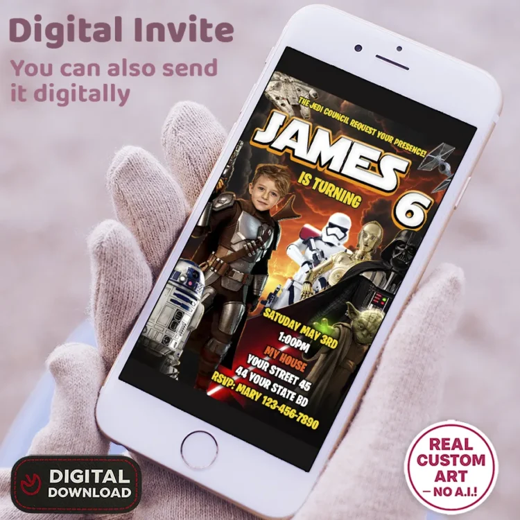 Mandalorian Birthday Invitation – Personalized Mandalorian Photo Invite (24h Delivery) – Digital Download