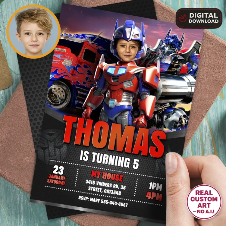 Optimus Prime Birthday Invitation – Personalized Optimus Prime Photo Invitation (24h Delivery) – Digital Download