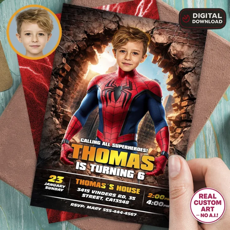Spiderman Photo Invitation – Superhero Birthday Invitation (24h Delivery) – Digital Download